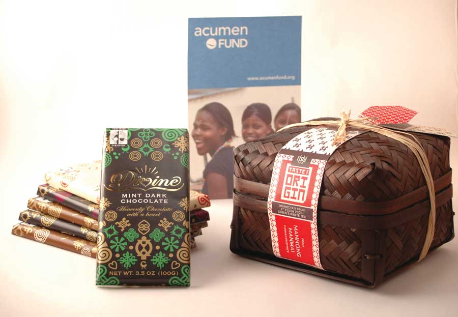 
A donation to the Acumen Fund, Rishi Tea's Taste of Origins Green and White Tea Set and the Serrv Divine Chocolate Gift Box.
